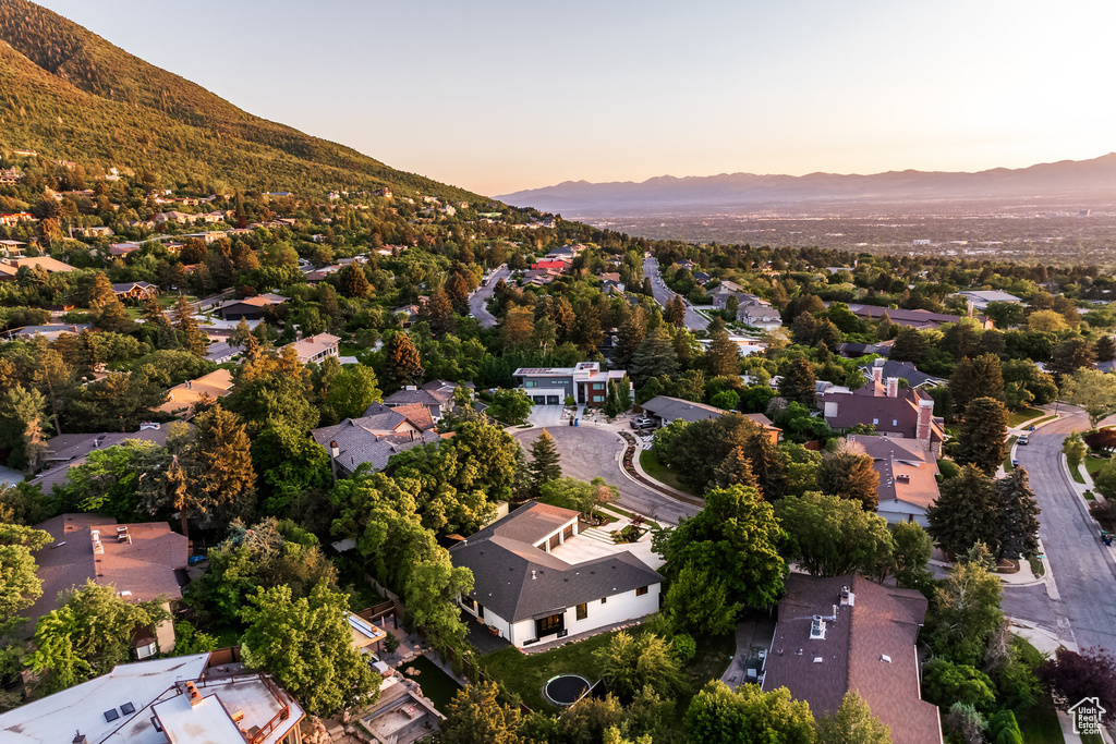Aerial view of residential area with mountains