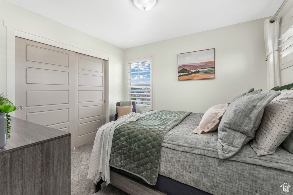 Bedroom featuring carpet and a closet