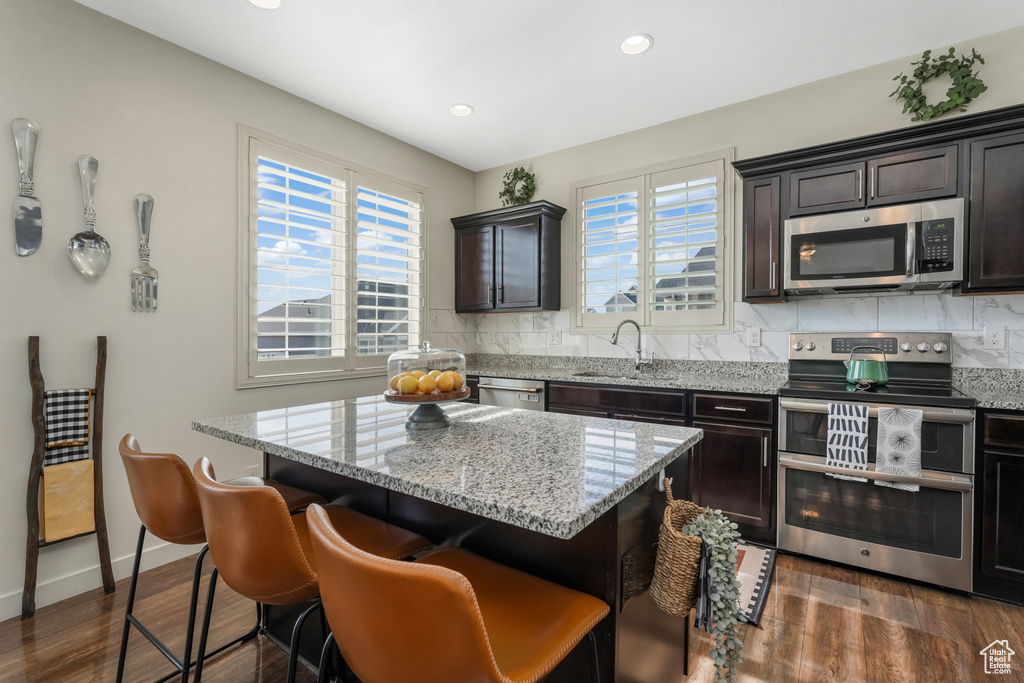 Kitchen with appliances with stainless steel finishes, a sink, plenty of natural light, dark wood-style flooring, and recessed lighting