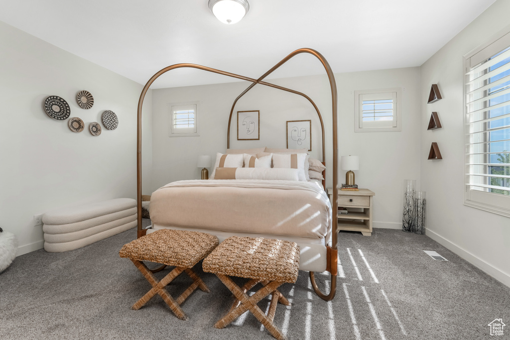 Carpeted bedroom featuring multiple windows and baseboards