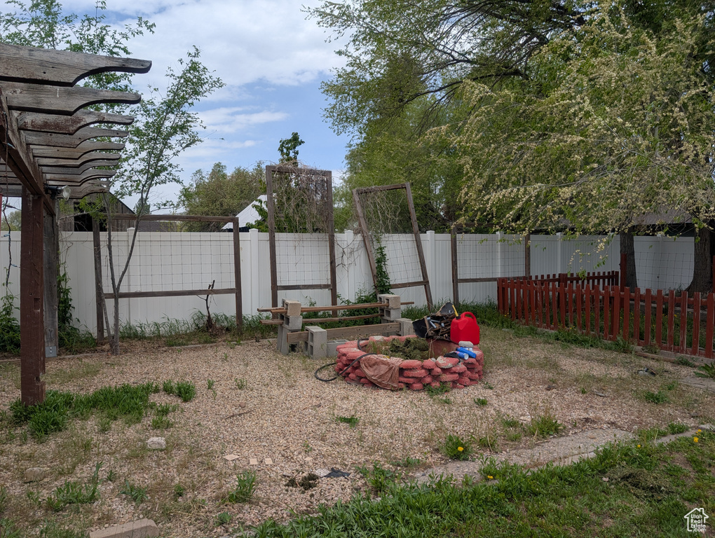 Fenced backyard featuring an outdoor fire pit