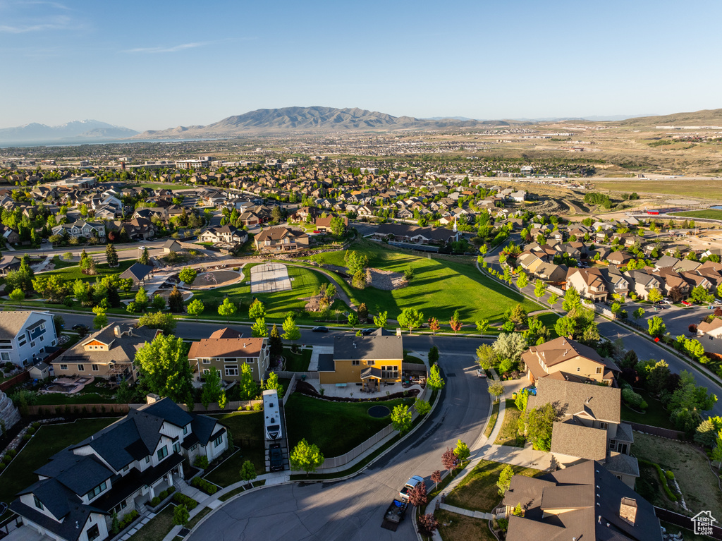 Aerial perspective of suburban area featuring mountains