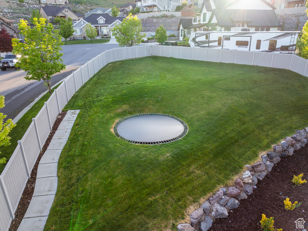 Fenced backyard featuring a residential view