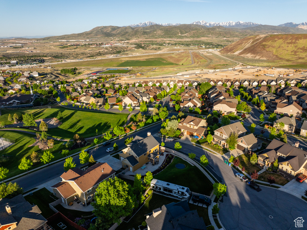 Aerial view of residential area with mountains