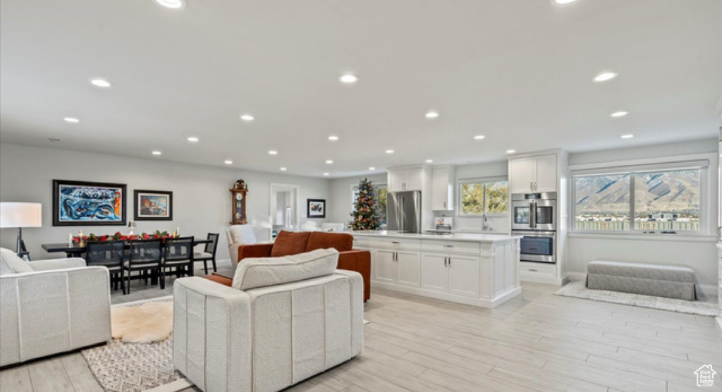 Living area with light wood-style floors and recessed lighting