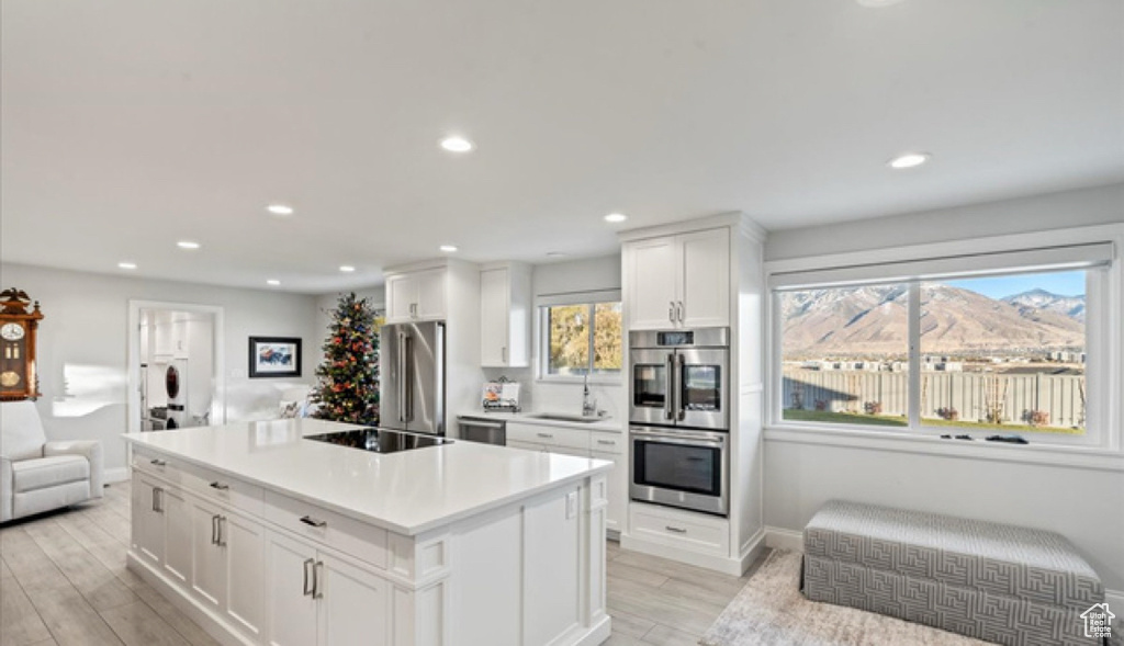 Kitchen with stainless steel appliances, recessed lighting, a sink, baseboards, and white cabinets