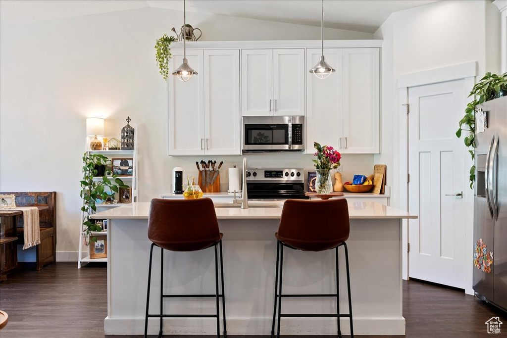 Kitchen featuring appliances with stainless steel finishes, dark wood finished floors, lofted ceiling, and white cabinetry