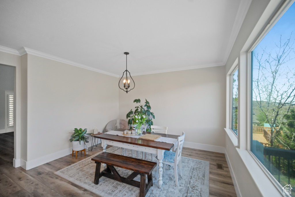 Dining room featuring baseboards, crown molding, wood finished floors, and a chandelier