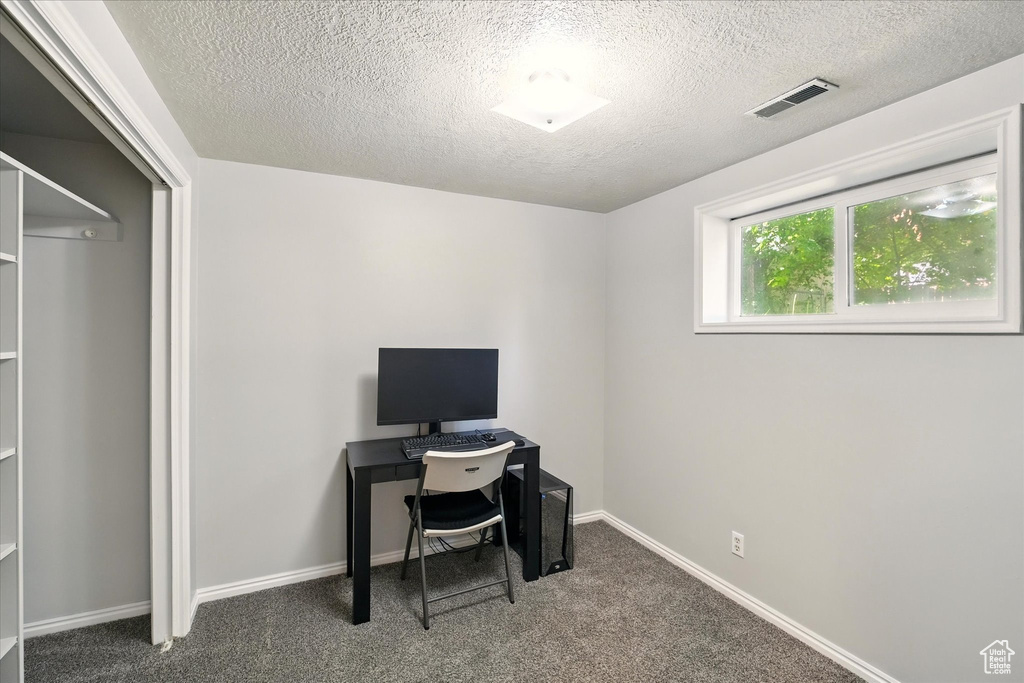 Carpeted office with a textured ceiling and baseboards