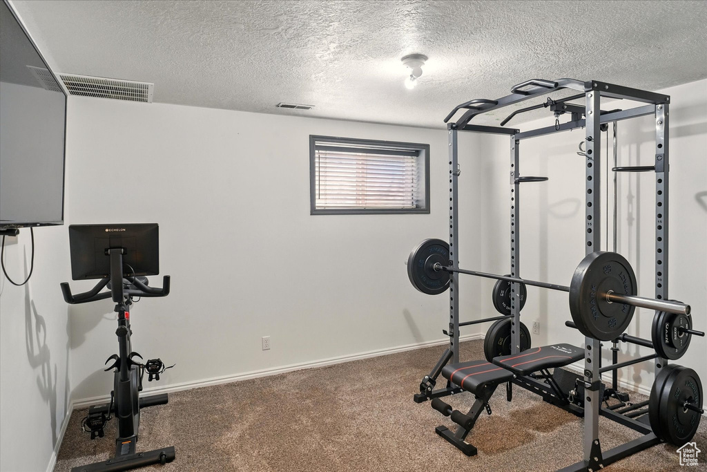 Workout room featuring a textured ceiling, baseboards, and carpet