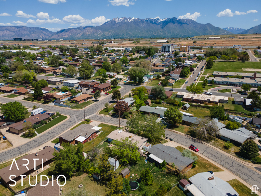 Aerial perspective of suburban area featuring mountains