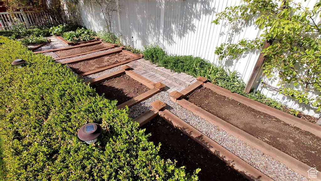 Exterior view of a vegetable garden and fence