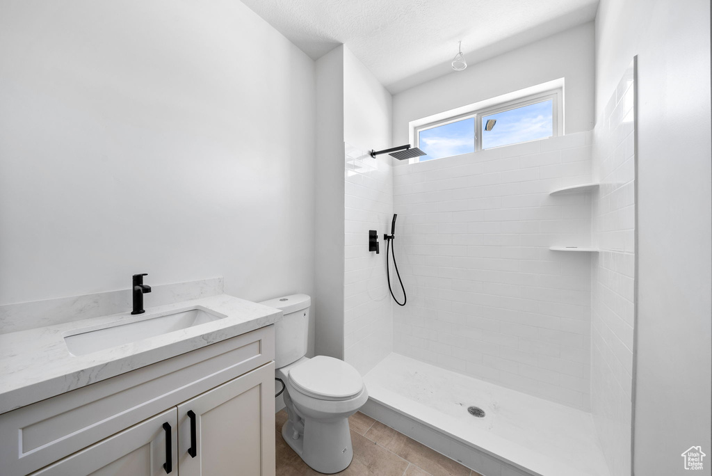 Full bathroom featuring a tile shower and vanity