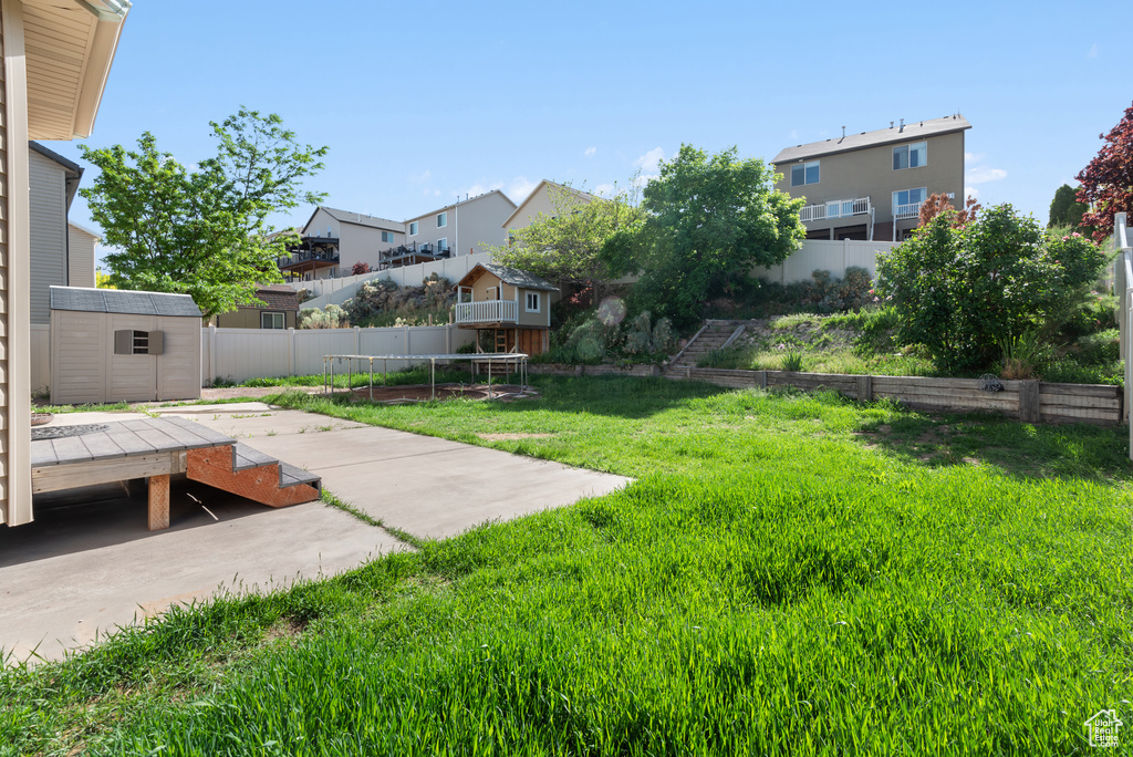 View of yard with a patio area, a storage shed, an outbuilding, a residential view, and a trampoline