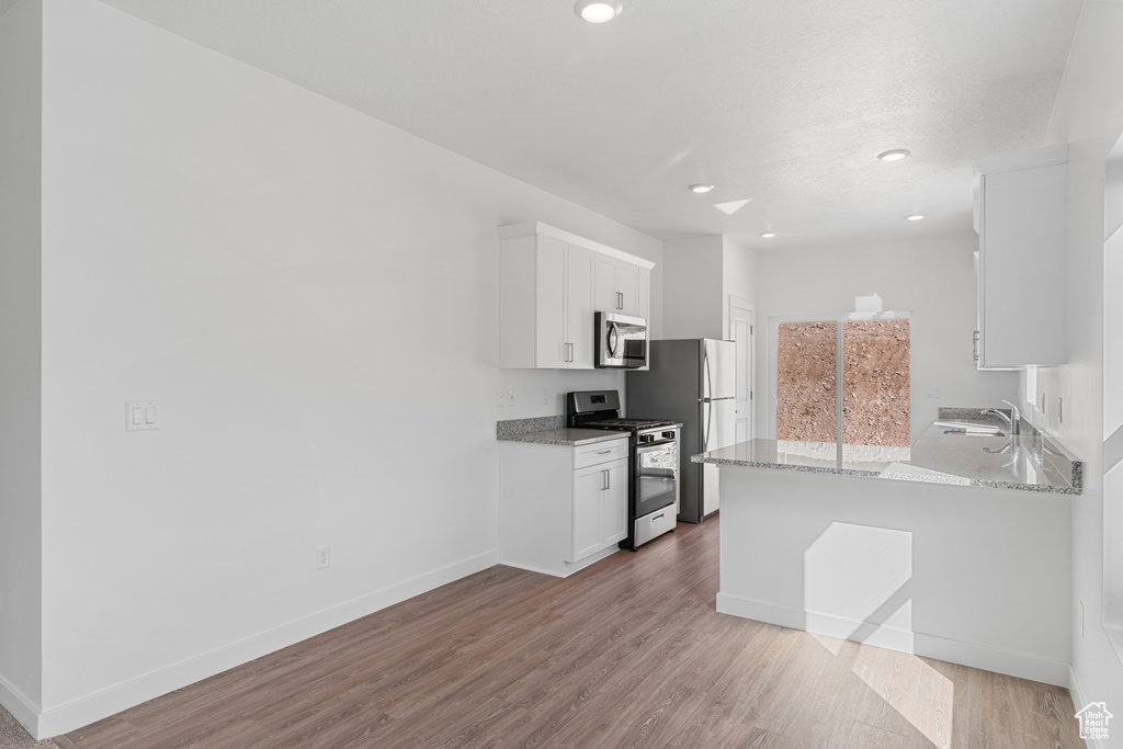 Kitchen featuring stainless steel appliances, white cabinetry, wood finished floors, a sink, and recessed lighting