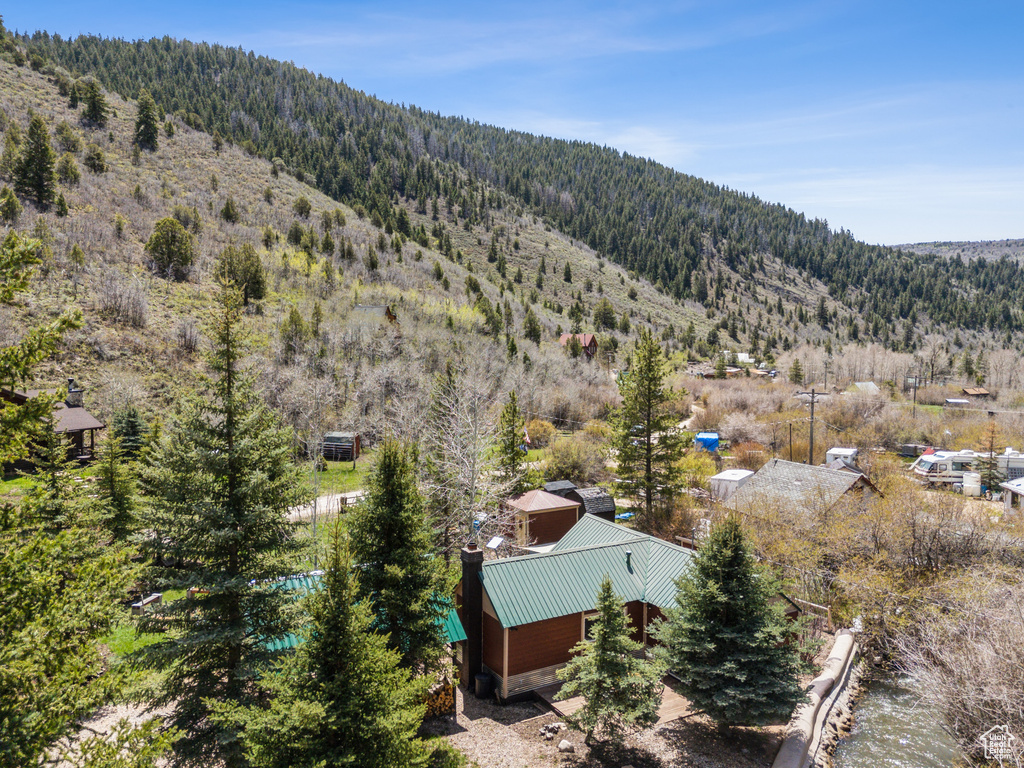 View from above of property with a forest and a mountain backdrop