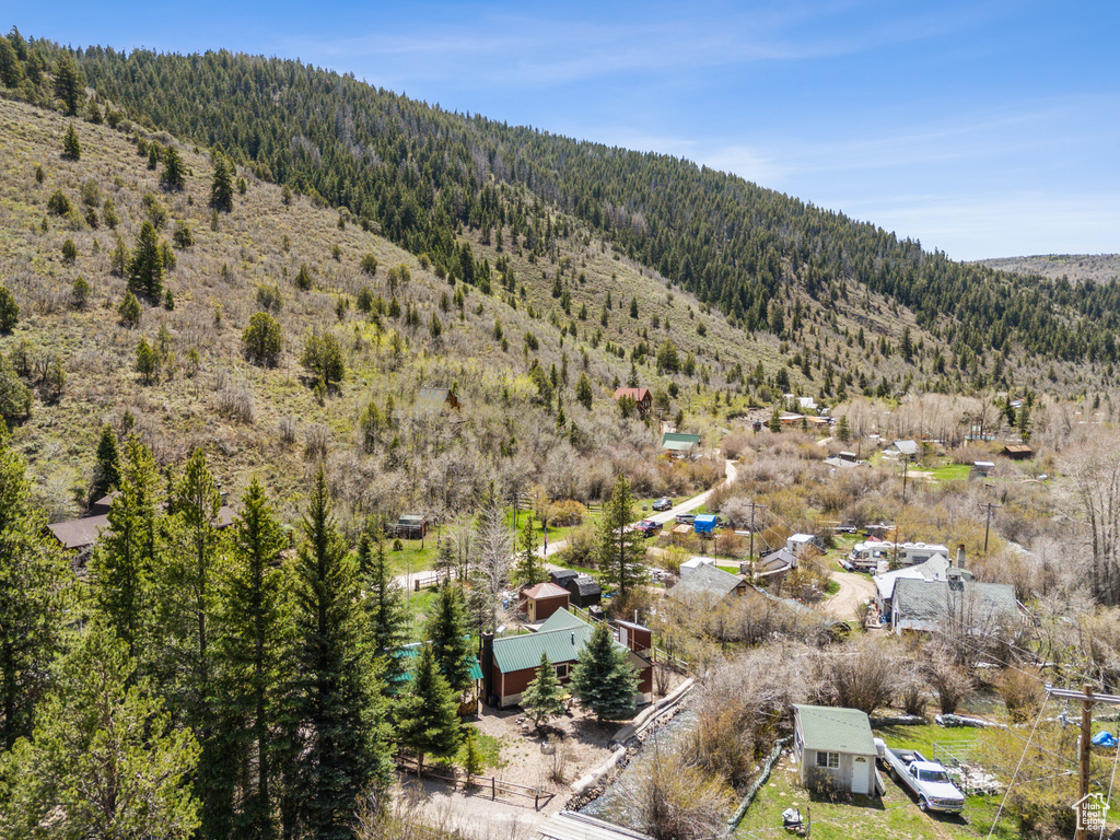 Aerial view of a heavily wooded area and mountains