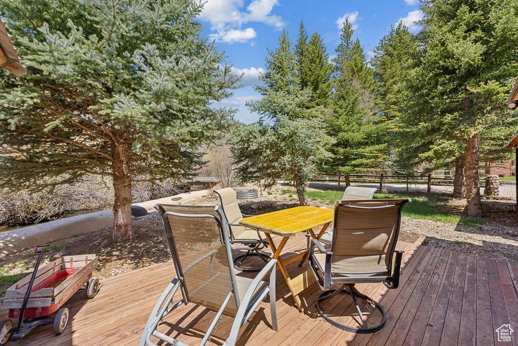 Deck featuring outdoor dining space and fence