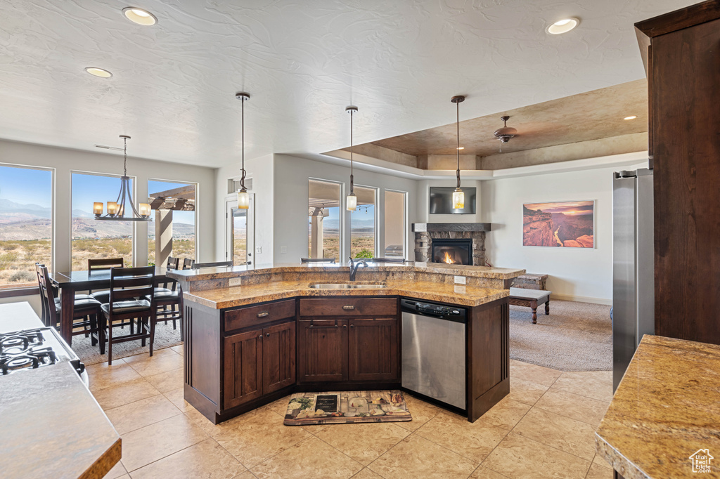 Kitchen with appliances with stainless steel finishes, a sink, open floor plan, dark brown cabinets, and a fireplace
