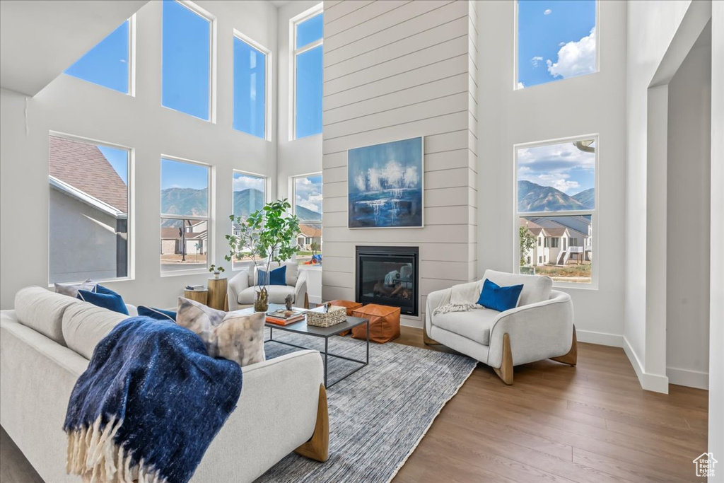 Living room with plenty of natural light, wood finished floors, a high ceiling, a fireplace, and baseboards