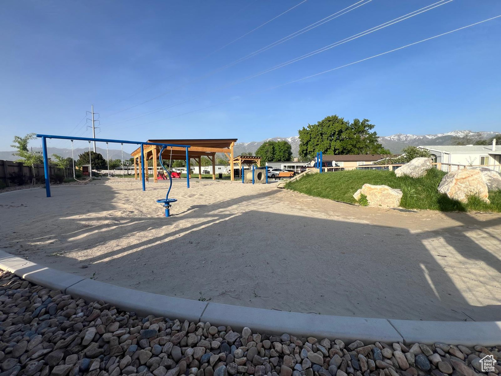 Communal playground with a mountain view