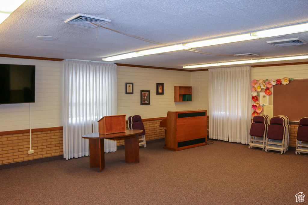 Game room featuring a textured ceiling, carpet, and wooden walls