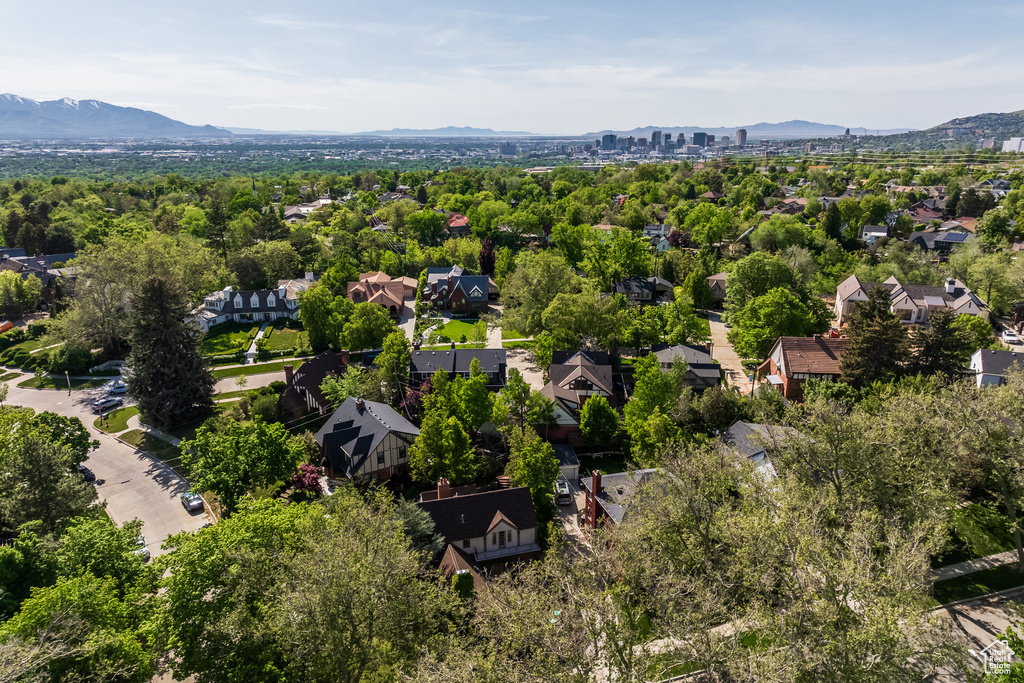 Aerial view of residential area with a mountain backdrop