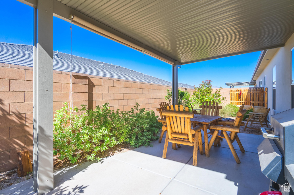 View of patio featuring outdoor dining space and a fenced backyard