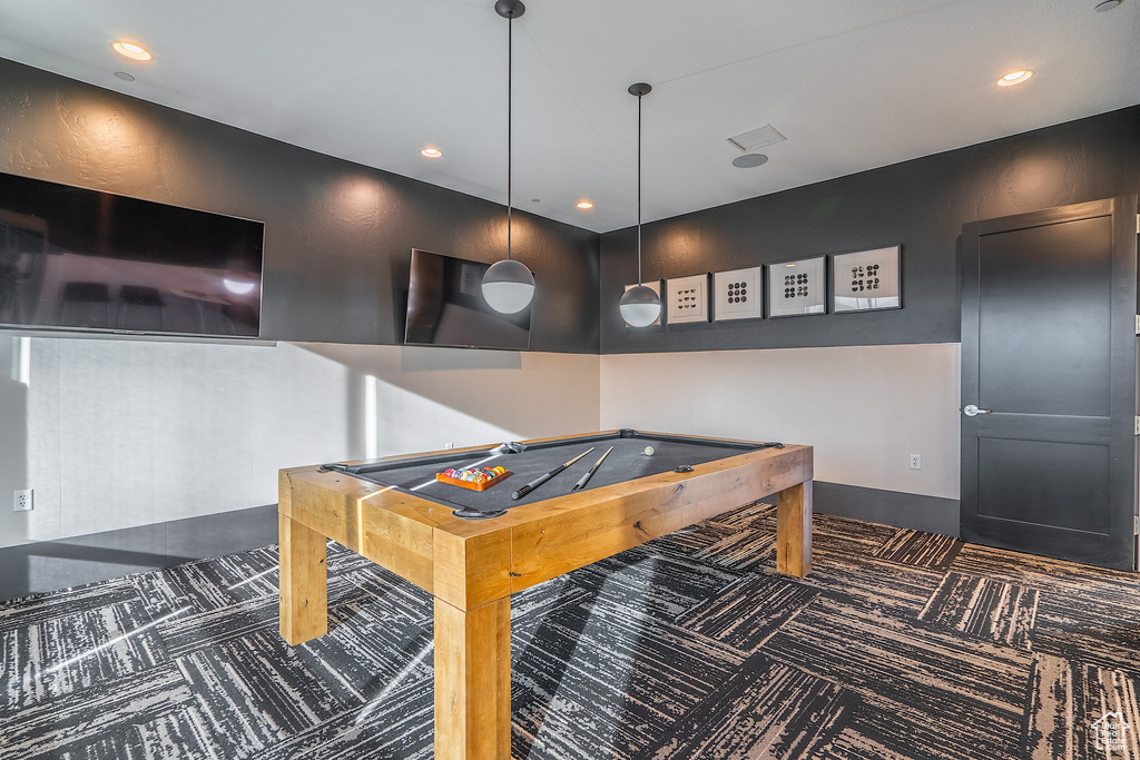 Rec room with carpet floors, pool table, and recessed lighting