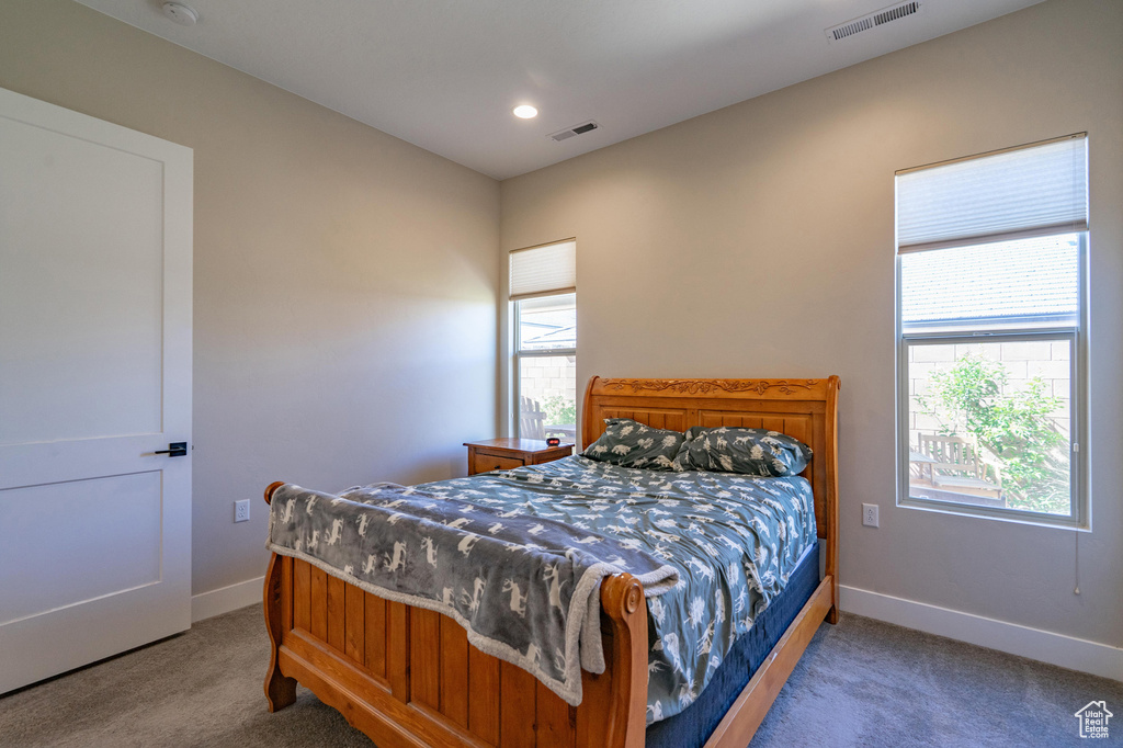 Bedroom featuring carpet floors, baseboards, multiple windows, and recessed lighting
