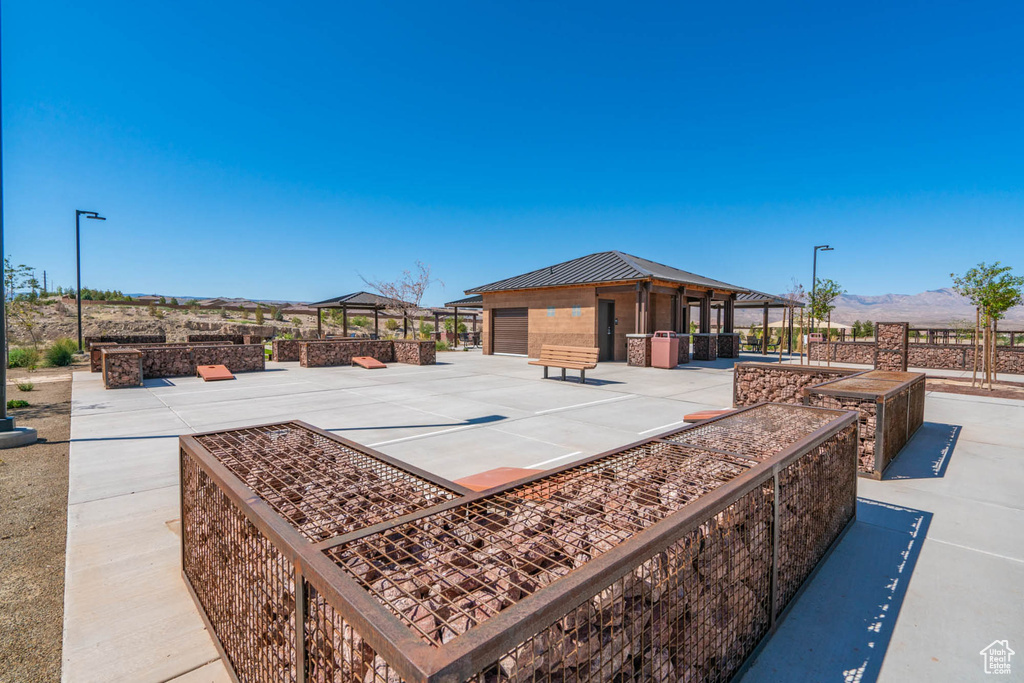 View of patio / terrace with a gazebo and a mountain view