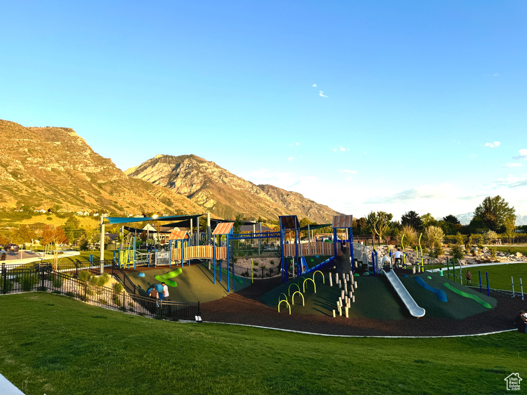 Communal playground with a mountain view
