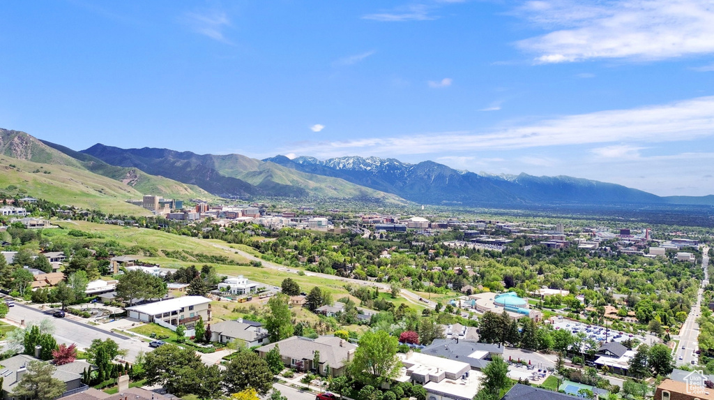 Aerial view of residential area with mountains