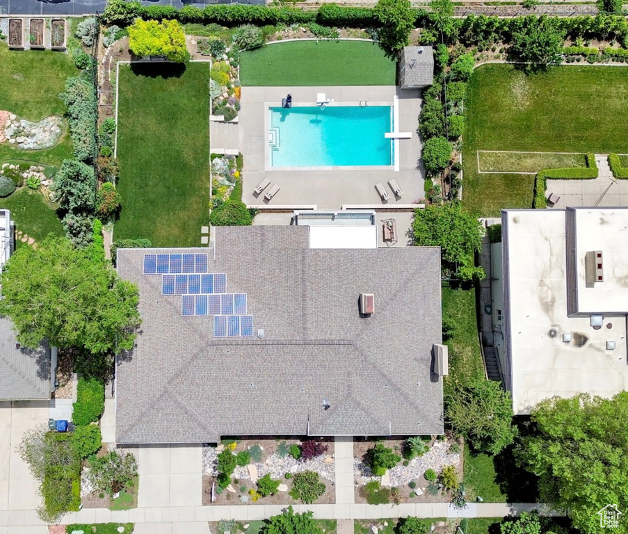 Drone / aerial view of a pool area