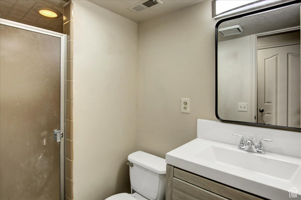 Bathroom featuring a shower stall, toilet, and vanity