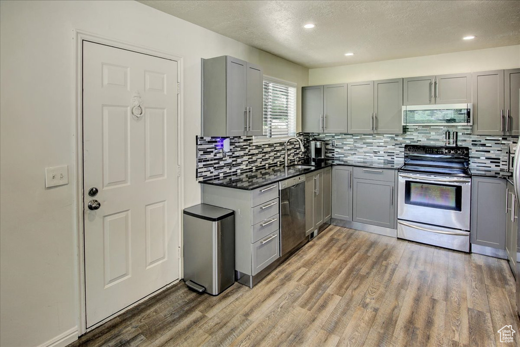 Kitchen featuring stainless steel appliances, gray cabinetry, a sink, wood finished floors, and a textured ceiling