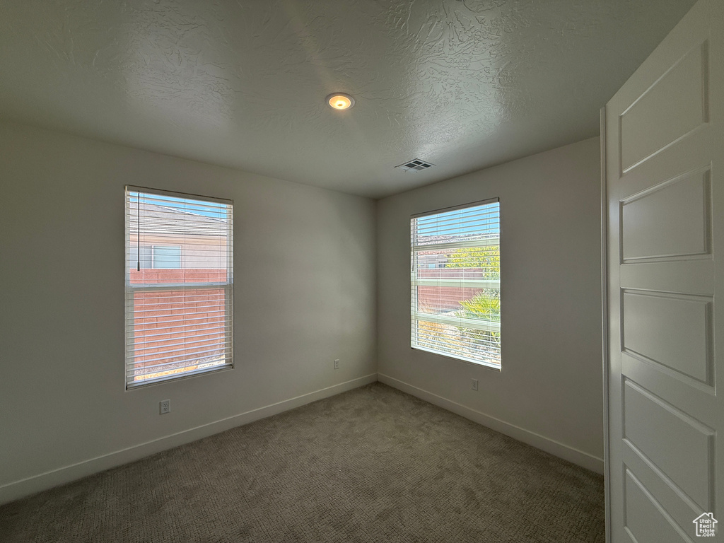 Unfurnished room with baseboards, light colored carpet, and a textured ceiling