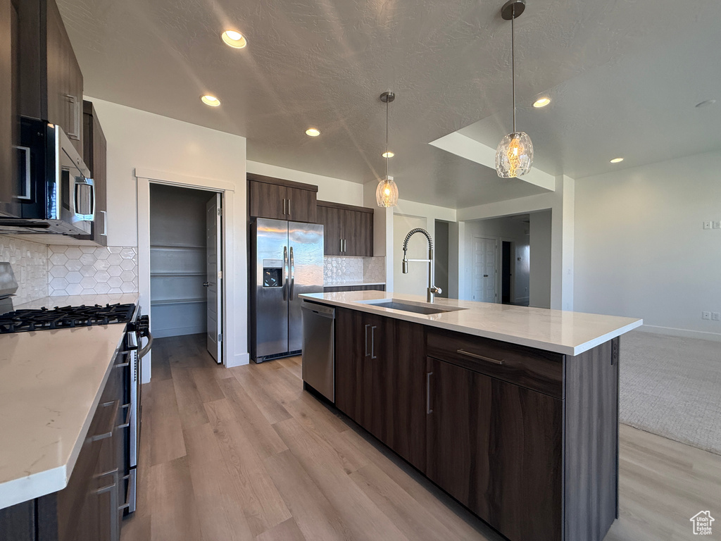 Kitchen with stainless steel appliances, a sink, dark brown cabinetry, light wood finished floors, and decorative backsplash