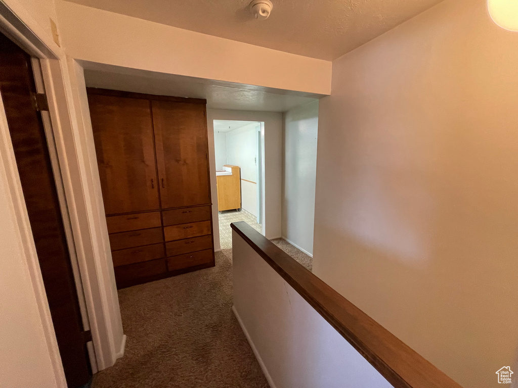 Corridor with dark colored carpet