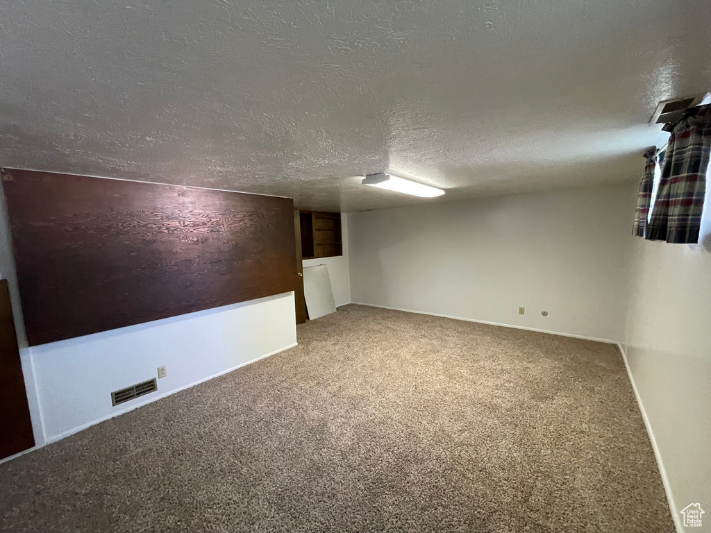 Finished basement with carpet flooring and a textured ceiling