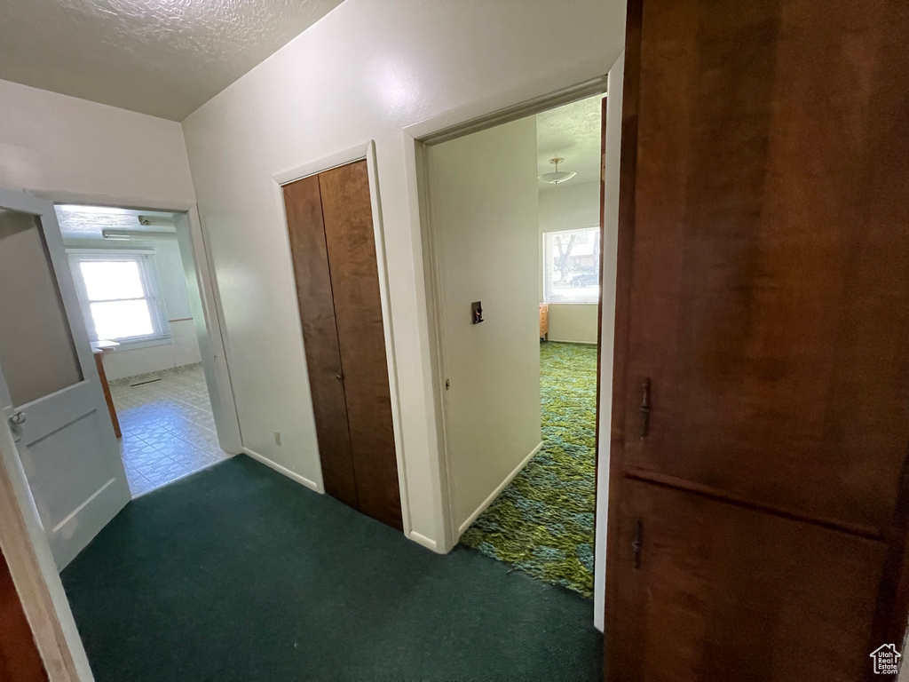 Corridor featuring carpet, baseboards, and a textured ceiling