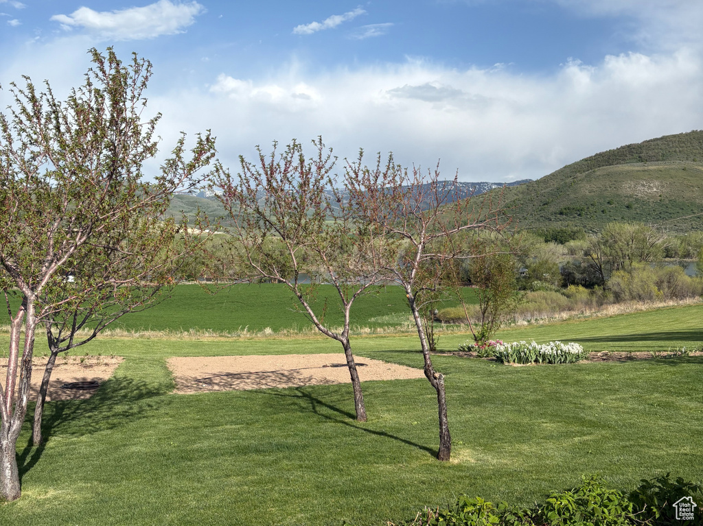 Surrounding community with a mountain view and a yard