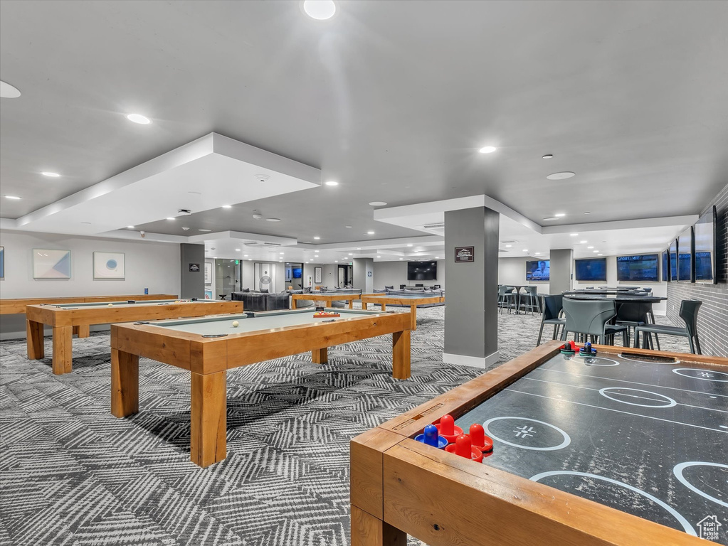 Rec room featuring billiards table, carpet floors, and recessed lighting