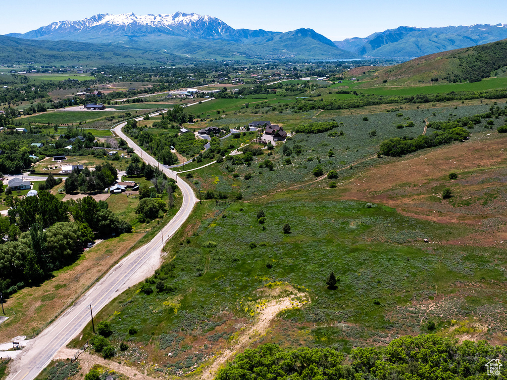 Aerial view of sparsely populated area with a mountain backdrop