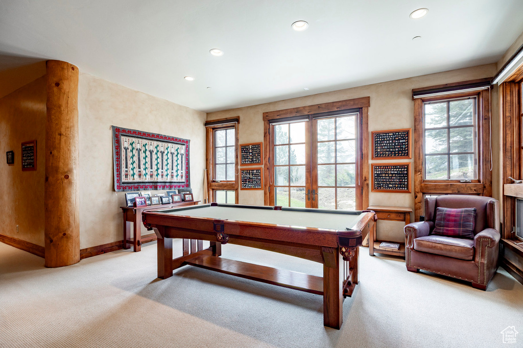 Rec room with light colored carpet, recessed lighting, pool table, and baseboards