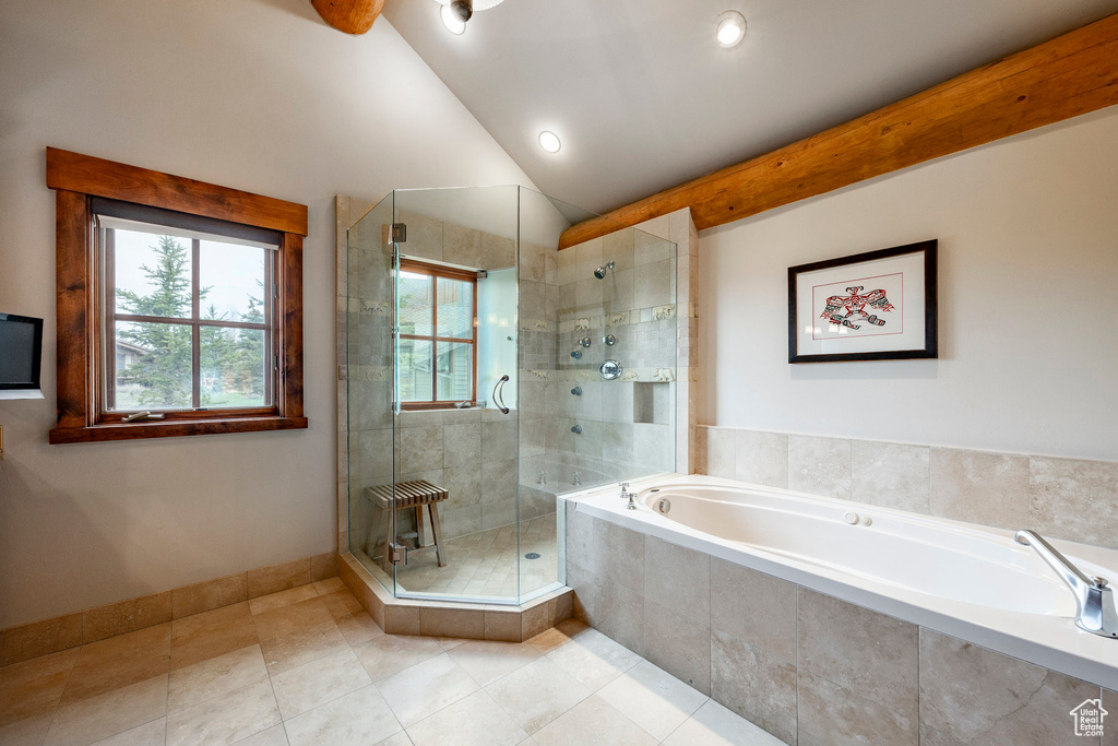 Bathroom featuring a stall shower, a garden tub, tile patterned floors, and recessed lighting