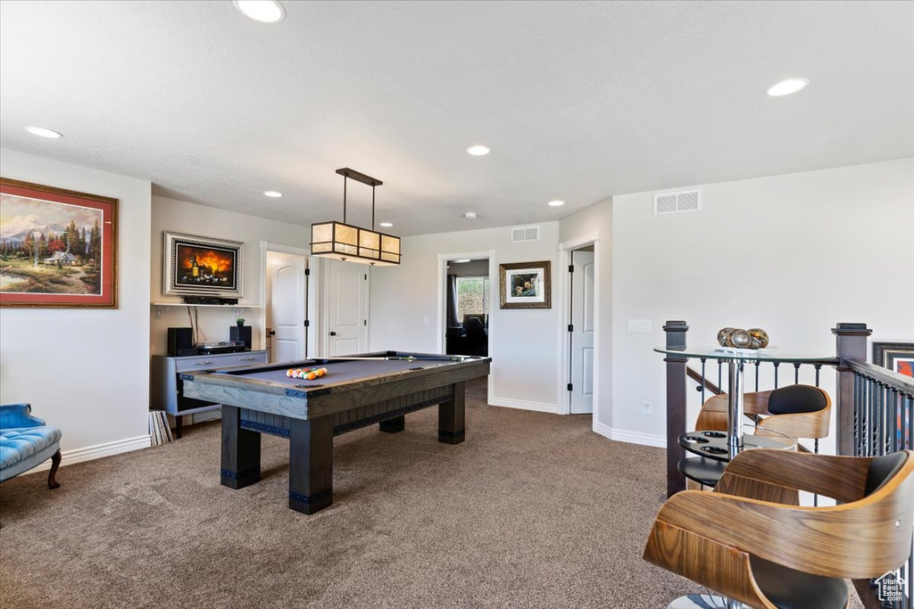 Playroom featuring carpet floors, pool table, recessed lighting, and baseboards