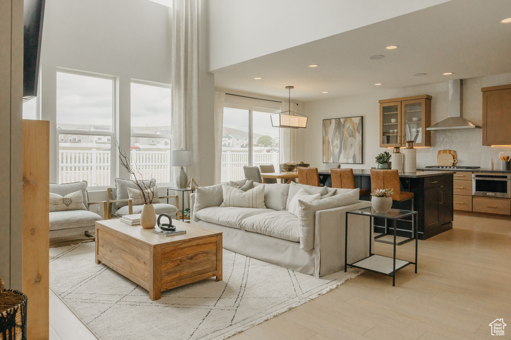 Living area featuring recessed lighting and light wood-style flooring