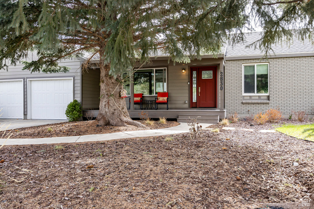 Single story home featuring covered porch, brick siding, a shingled roof, an attached garage, and driveway