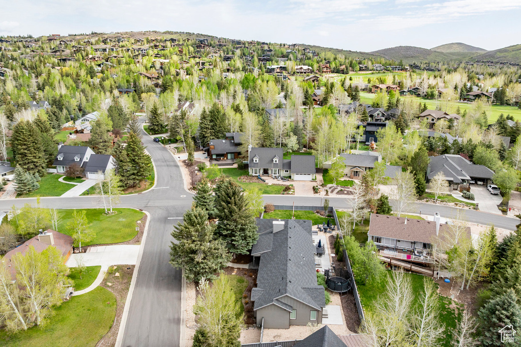Aerial perspective of suburban area featuring a mountainous background